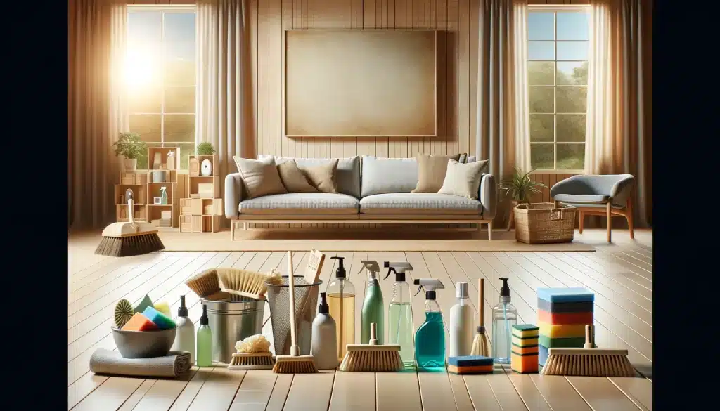 Outils écologiques prêts dans un salon spacieux et lumineux