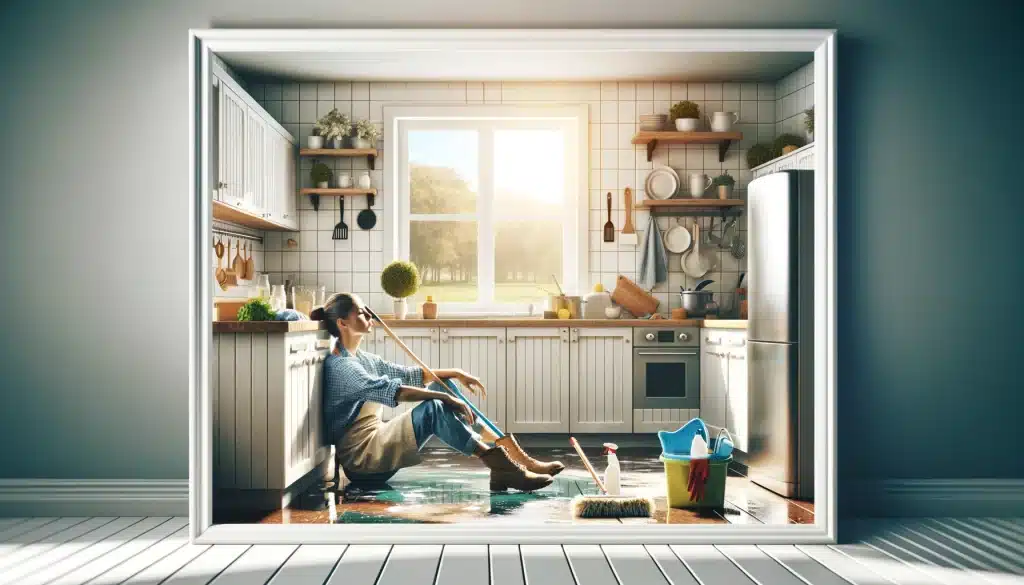 Mère fatiguée se repose du nettoyage du plancher de cuisine