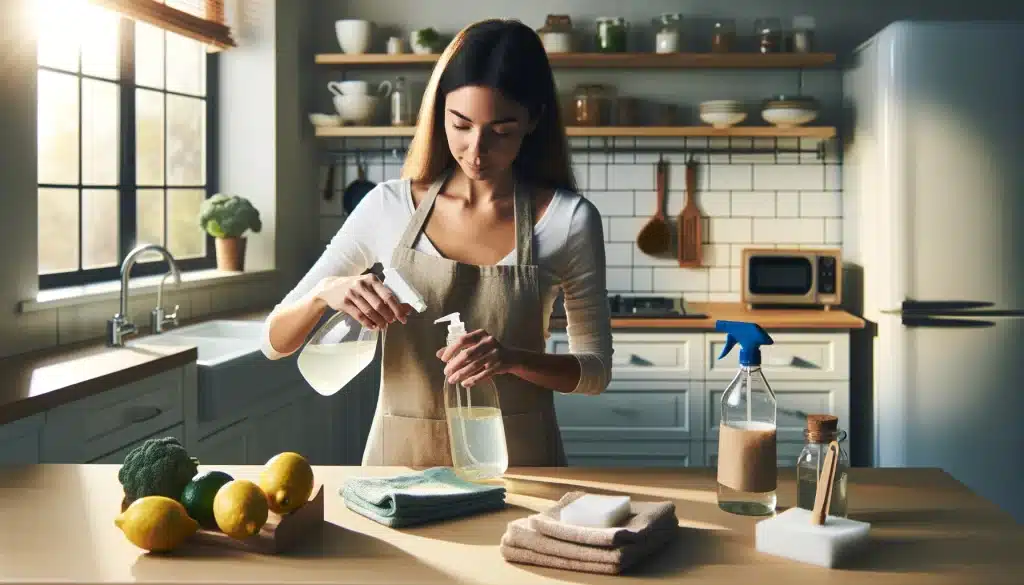 Femme créant des nettoyants avec vinaigre et chiffons microfibres