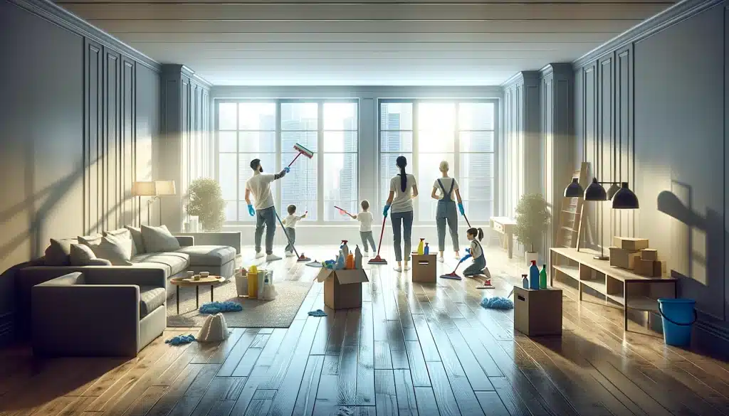 Une famille unit ses efforts pour nettoyer leur appartement lumineux