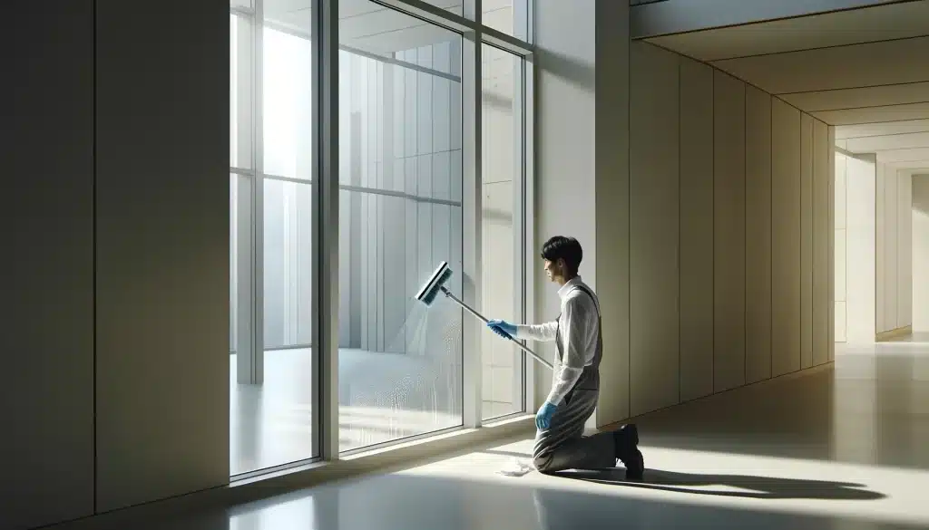 Un professionnel du nettoyage dans une pièce fraîchement rénovée.