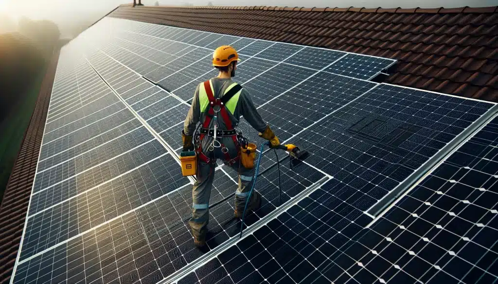 Un professionnel qui effectue un nettoyage des panneaux solaires sur le toit