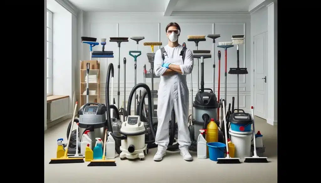 Expert en nettoyage après construction paré de son matériel complet.